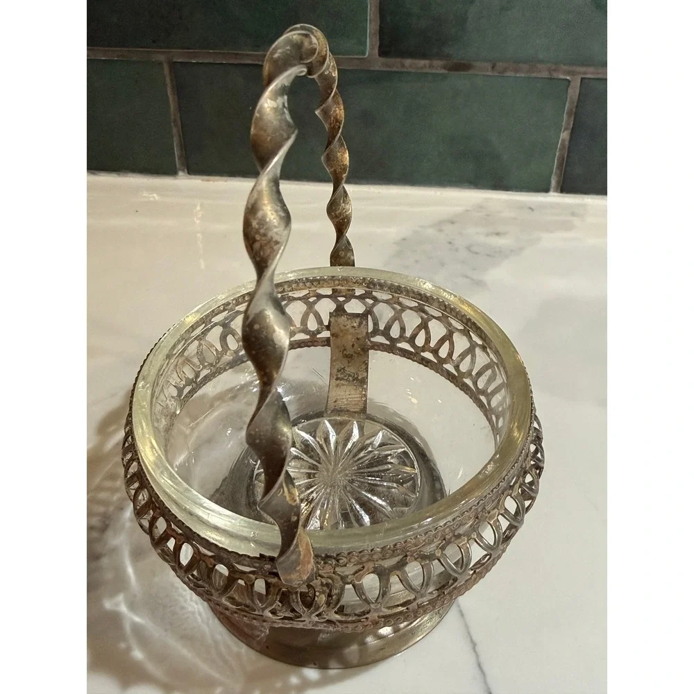Vintage Silver Plated Candy Dish Glass Insert Twisted Handle England Etched